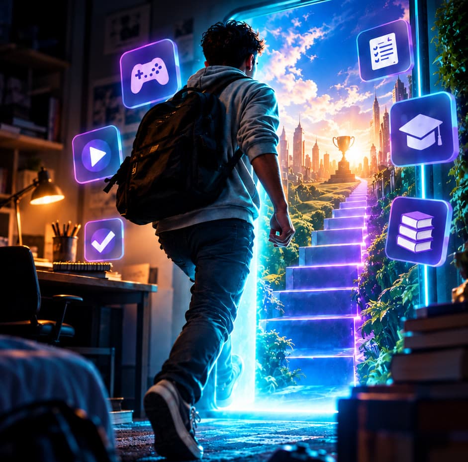Estudante atravessando um portal luminoso cercado de ícones de jogo, aula, curso e troféu